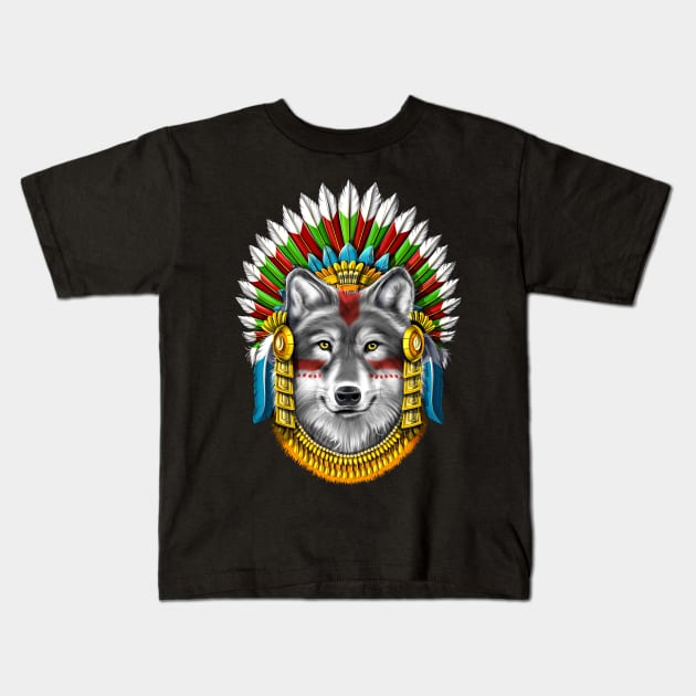 Wolf Aztec Warrior Kids T-Shirt by underheaven